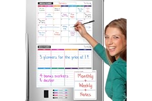 STYLIO pizarra magnetica nevera. Conjunto de 3 calendario magnetico nevera para refrigerador: organizador semanal, mensual y bloc de notas planificador 4 marcadores fina/borrador pizarra nevera