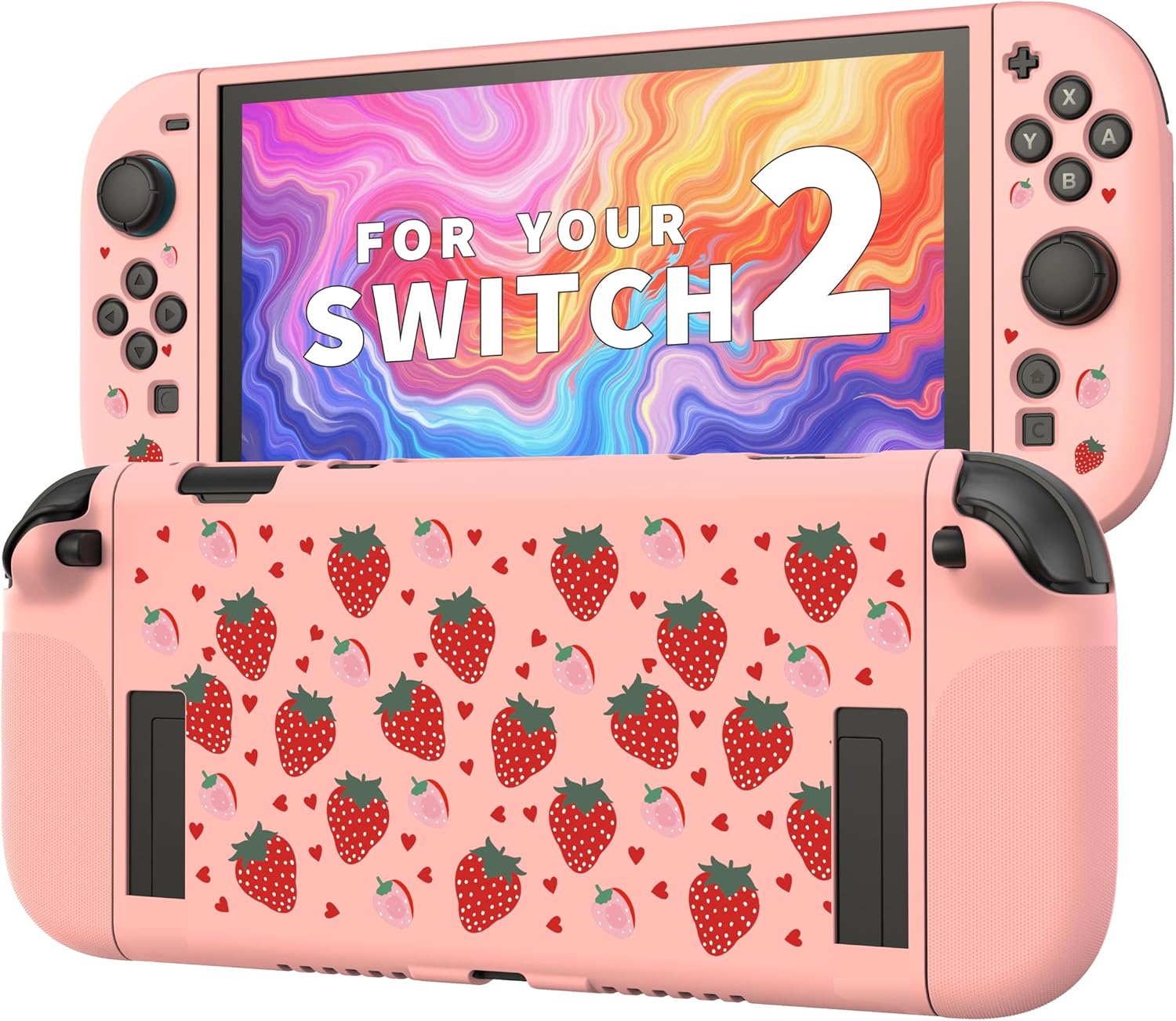 Textured Grip Protective Case Compatible with Nintendo Switch 2 (2025) – Cute Pink Strawberry Design, Matte Shockproof TPU Shell with Anti-Slip Handles, Ergonomic & Comfort Slim Back Cover