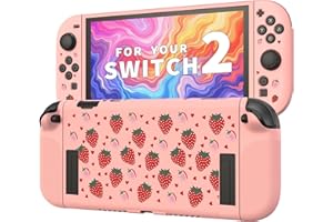 JEMDO Schutzhülle Kompatibel mit Nintendo Switch 2 (2025) – Stoßfestes & ergonomisches TPU Case mit Anti-Rutsch-Griff, rosa Design mit Erdbeeren – für Mädchen & Kawaii-Fans, Strawberry