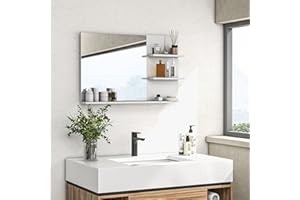 kleankin Specchio Bagno Moderno con 2 Ripiani Laterali e Ripiano Inferiore, Specchio da Parete in MDF e Vetro, 75x10x48 cm, Bianco