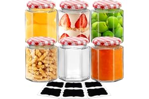Showvigor 6pack Glass Jam Jars with Red Gingham Lid - 280ml/9oz - Hexagonal Storage Glass Jars, Clear Airtight Jar for Pickling, Chutney, Jam, Coffee