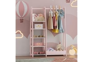 [en.casa] Perchero Burro Infantil Vestnes con Estantería Barra para Colgar y Compartimento Armario Abierto para Ropa Guardarropa Cuarto para Niños Algodón de Azúcar 114 x 77 x 30 cm - Rosa/Blanco