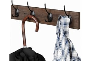 BAMEOS Wall-Mounted Coat Rack - 40cm, Brown Wooden, Coat Hook Rack with 4 Dual Hooks, Entryway Hanging Shelf for Bathroom, Living Room, Bedroom