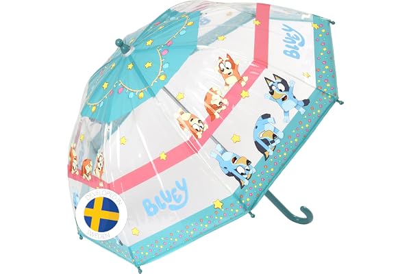 Bluey Transparent Barnparaply - Säkert och Lätt att Öppna, Perfekt för Barn, Väderbeständigt Material, Roliga och Färgglada Bluey-Designs, Perfekt för Regniga Dagar