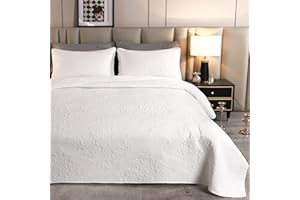 ‎QUCOVER Qucover Tagesdecke 220x240cm Weiß, Tagesdecke Bettüberwurf mit 2 Kissenbezügen 50x75cm, Polyester Vintage Muster Ultraschall genäht, Wohndecke Sofaüberwurf Überwurfdecke für Bett