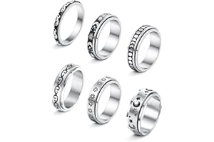 LOLIAS 6 Pcs Fidget Bande Bague en Acier Inoxydable Spinner Anneaux pour Femmes Hommes Lune Étoile Sable Fleur Femmes Anneaux Ensemble pour Promesse De Mariage Taille 49-62
