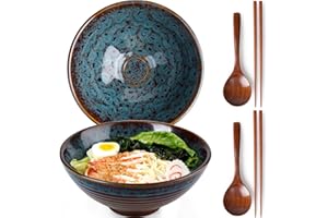 NUTRIUPS 1200ml Ceramic Ramen Bowl Set of 2 Noodle Bowls with Chopsticks and Spoons (Peacock Tail)
