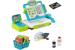 THE MAGIC TOY SHOP Kids Electronic Toy Cash Register with Scanner, Lights & Sounds, Shopping Basket Supermarket Till Play Money & Lots of Play Food