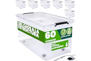 Deuba® 6X Cajas de Almacenamiento 60L Tapa Clips de Cierre Transparentes Almacenaje Juguetes Ruedas Apilable
