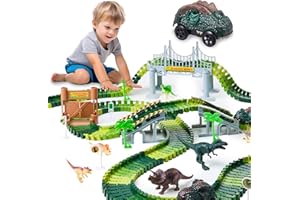 Gleamkid Dinosaurier Spielzeuge Autorennbahn Rennstrecke, Flexible Autorennbahn Bahngleise Spielset, Dino Cars Spielzeug，Autorennbahn Spielset mit viele Teilen,Geschenk für Kinder