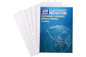 Srvnpioy 100pcs A4 Plastic Punched Pockets, 40 Micron, Clear Poly Document Files Pocket Sleeve for Office School, Top Opening Strip Sheet Protector