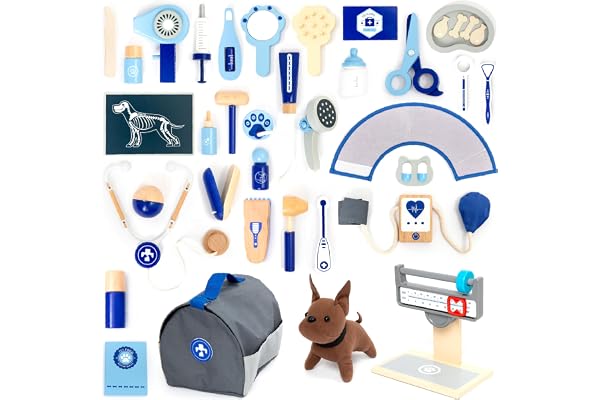 UMU® Jeu de vétérinaire pour Enfants en Bois avec modèle de Chien, stéthoscope, tensiomètre, etc., Jouet vétérinaire pour Le Jeu de rôle, Set de 37 pièces pour Les Filles et garçons de 3, 4, 5 Ans