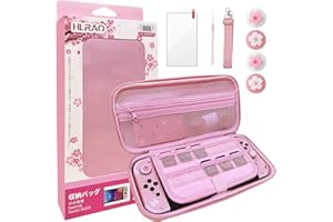 HLRAO Étui rose compatible avec Nintendo Switch OLED 2021,coque rigide Sakura Design, étui de rangement portable solide, antichoc, avec protection d'écran en verre HD et 4 capuchons Sakura Thumb Grip.