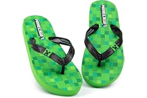 Minecraft Creeper Kids Sandals | Green Flip Flop Sliders For Boys & Girls | Block Pixel Game Villain Summer Shoes | Fun Slip-on Beach Footwear Merchandise Gift for Children and Teens