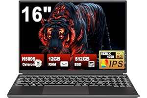 NOTODD Ordenador Portátil 16 Pulgadas Celeron N5095 Up to 2.9Ghz, Portátil Win 11 con 5G WiFi 12+512GB SSD Expansión 1TB, BT 4.2 Mini Puerto Multimedia Portatiles Ventilador Refrigeración 1920*1200-Negro