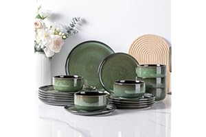 LeRatio Dinner Set for 6, 18 Piece Stoneware Plates and Bowls Set, Chip & Scratch Resistant Reactive Glazed Dinnerware Set, Dishwasher & Microwave Safe Crockery Set (Jade Green, Service for 6)