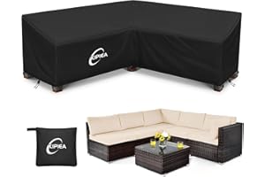 Kipiea Pokrowce na meble ogrodowe w kształcie litery L Wodoszczelny, tkanina Oxford 420D Rattanowy Pokrowiec na Sofę narożnik ogrodowy Wiatroszczelna, anti-UV, niezrywający (216x216x85x78/61cm)