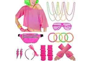 Aottom Neon Netz Shirt 18 St. 80er Jahre Outfit Damen Accessoires 90er Kostüm Zubehör Set Retro,Gürteltasche,Netzhandschuhe,Stirnband,Beinstulpen,Halskette,Armband,Ohrring,Brille,für Karneval Party