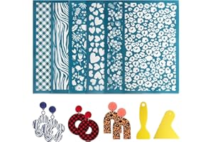 EEEKit Lot De 6 Pochoirs Pour Sérigraphie, D'outils en Argile Pour Pochoirs, Sérigraphie Réutilisable avec 2 Grattoirs Bricolage en Pâte Polymère, Fabrication Bijoux