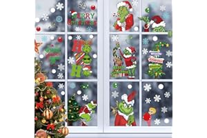 YTUGCG Christmas Window Stickers 9 Sheets, Grinch Merry Christmas Window Clings Sticker, Snowflakes Sticker for Office Home School Christmas Party Supplies Winter Holiday Grinch Window Decoration