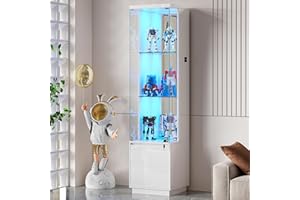 ‎LVIFUR Lvifur Glasvitrine mit LED Beleuchtung und Schubladen,Vertikale Vitrine mit Intelligente Sensorik,Glas Holz Vitrinenschrank 3-Lagen Sammlervitrine für Sammlerstücke,Wein,Wohnzimmer,Schlafzimmer