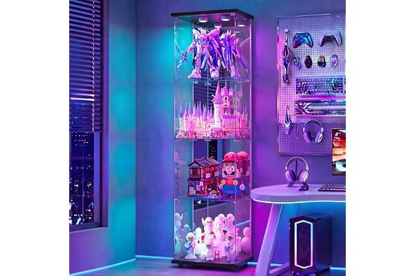 BPKADHY 4-lagers glasskyltfönster, LED-utställningsfönster, modernt skyltfönster för vardagsrum med lås och spegelbakpanel, skyltfönster för samlarbutik, 164 x 42,5 x 36,5 cm