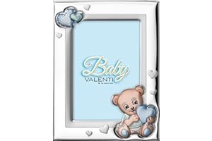 VALENTI & CO. - Bilderrahmen aus Silber mit Bären-Detail, farbig bemalt, für Tisch oder Nachttisch für das Kinderzimmer, perfekt als Geschenkidee für Taufe oder Geburtstag, hellblau