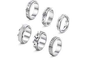JeweBella 6 Stück Spinner Ring Set für Damen Herren Hypoallergen Drehbarer Edelstahl Ring Blume Moon Star Spinner Angst Ringe Zappel Band Ringe für Frauen Männer Größe 49-62