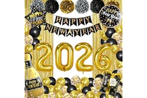 SIMSPEAR Decoraciones De Año Nuevo 2026, Decoración Año Nuevo Temática Negra y Dorada con Globo 2026, Pompones De Papel y Cortina Metalizada, Set de Adornos para Fiesta de Nochevieja y Celebraciones