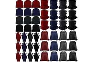 ZHEHAO 48 Pieces Bulk Winter Beanies Hat Gloves Scarves Neck Warmers Drawstring Backpack Bag Set Unisex Homeless Care Package, 4 Colors, 、, L