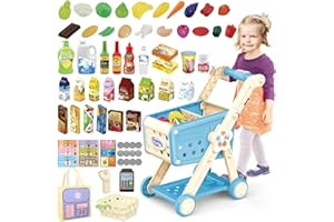 deAO Kids Shopping Trolley Play Set, 69 PCS Supermarket Role Play Toys with Pretend Food Fruit, Vegetable, POS Machine, Toy Money, Credit Cards & Shopping Accessories for 3+ Boys & Girls (Blue)