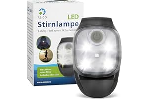 Asigo® Linterna LED con Clip | Frontal LED Recargable Impermeable | Linterna LED Recargable | Ideal para Linterna Camping, Frontal Trail Running, Senderismo, etc. | Mini Linterna | Luz Frontal Cabeza