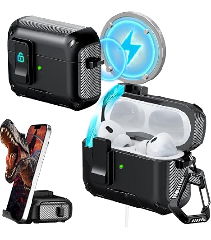 Coque AirPods Avec Support Téléphone Intégré - Compatible AirPods Série 1 Et 2 - Protection Anti-choc TPU+PC - Mousqueton Inclus - 9