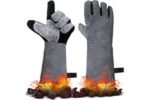 JUNUNDJING Hitzebeständiger Leder Grillhandschuhe, Kaminhandschuh, Ofenhandschuhe, Backhandschuhe, Kaminhandschuhe Feuerfeste Hitzeschutz Handschuhe, Schweißhandschuhe, Grau-schwarzer, 40x20CM,1 Paar