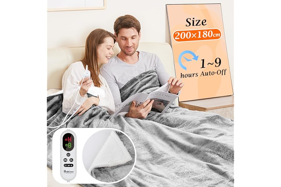 Mia&Coco Electric Heated Blanket King Size Flannel Sherpa Fast Heating 200x180cm, 10 Heat Levels & Up-to-9-Hours Auto-Off Timer & LED Display, for Home Office Use, Machine Washable, ETL Certified,Grey