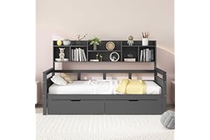 ‎JOVIFY Daybett Einzelbett Bett 90x200 cm, Tagesbett mit Stauraum Schubladen & Regale & Bücherregal, Kinderbett Holzbett Jugendbett Stauraumbett Funktionsbett, Bettgestell mit Lattenrost, Ohne Matratze, Grau