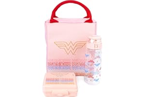 DC Comics Wonder Woman Lunch Bag | Rechteckige Tragetasche im 3-teiligen Set mit Wasserflasche und Snackbehälter | Verkörpere die Superheldenpower | Rosa Schild-Design für Erwachsene & Kinder