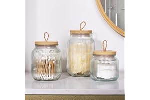 Navaris Cajas Organizadoras Baño - 3x Organizador Botes Baño - Para Accesorios Baño Organizador de Maquillaje Skincare y Cocina - Almacenamiento Baño con Tapa de Bambú y Asa