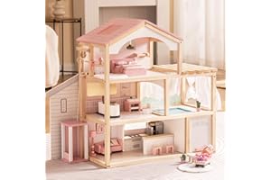 ROBUD Puppenhaus aus Holz,Puppen-Villa mit Möbel,Mit Aufzug, Garage, Pavillon und Schwimmbad,Geschenk für Kinder ab 3, 4, 5, 6 Jahren und älter,Rosa