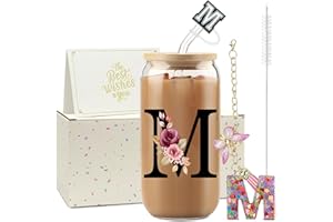 ZIOSINM ZIOISNM A-Z Lettre Verre avec Paille 500 ml Verre Matcha avec Couvercle Cadeau Femme Idéal Cadeau Femme Anniversaire Noël ou Saint-Valentin pour Épouse Mère ou Couple (M)