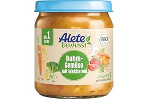 ‎ALETE Alete bewusst BIO-Rahmgemüse mit Makkaroni, ab 1 Jahr, Babynahrung im Gläschen mit Gemüse & Makkaroni, Kindermahlzeit in Bio-Qualität, ohne Zuckerzusatz und Aromastoffe, 6 x 250 g