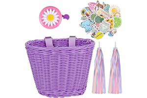 Victse Cestas para Bicicletas, Cesta Bicicleta Infantil, Cesta De Bicicleta De Mimbre Hecha A Mano con Correas para Correas Ajustables, y 1 Par Borlas Bicicleta Manillar con Pegatinas (Teal)