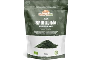‎NATURALEBIO Spirulina Pulver Bio 400g. Natürliches und rohes Spirulina-Algen Pulver. Vegan und rein. In Indien in Tamil Nadu kultiviert. Ideal für Getränke, Smoothies und Rezepte.