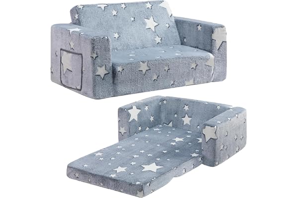 BEJOY Barnsoffa, extra bred 2 i 1 flanell barnfåtölj, stjärna | Mysig flanell barnstol soffa, 2-i-1 utfällbar konvertibel solstol småbarn säng, för barnläsning, inomhus lekrum