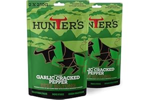 Hunters Biltong Garlic Cracked Pepper Beef Biltong, 500g Pack of 2 x 250g High Protein, low fat, Thin Tender Slices of authentic Beef Biltong, beef Jerky, MSG Free, Convenient Snack