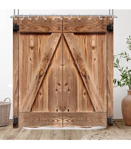 Rustikaler Duschvorhang Holzbrett-Design – 178x178cm, Polyester, Mit Haken, Landhaus-Look