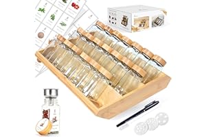 SAEIV Frascos De Especias Cuadrados Con Estante De Madera De Bambú 2-En-1 (FCM®) - Juego De 21X120Ml Saleros, 120 Etiquetas, Compatible Vertical & Cajón - Organizador Con Insertador Agitador, Sin BPA