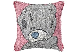 Lee My Bär Kissenbezug Stickerei Set Knüpfkissen Kissenbezug Kissen Zum Selber Knüpfen, Knüpfhaken Knüpfset Für Kinder, Erwachsene Oder Anfänger,Pink Patch Bear,43x43 cm