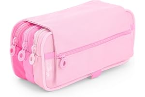 office box Estuche Triple Blush Pastel el Original- Porta Lápices de 3 Grandes apartados con Cierre de Cremallera, Múltiples Bolsillos, Horario e identificador. (Rosa)