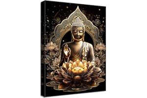 HALFLEMART Marco de Madera Cuadros Moderno Estatua de Buda Bronce Cuadros Decorativos Lienzo Pintura Flores de loto Imagen Zen Spa Budismo Oración Cuadro Decoracion Salon Baño Dormitorio Sala de Estudio 30x40cm